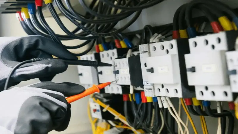 Ein Elektriker prüft einen Schaltschrank mit einem Messgerät