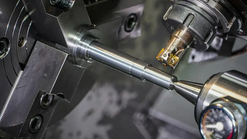 Ein Metallstab wird auf einer Drehmaschine bearbeitet